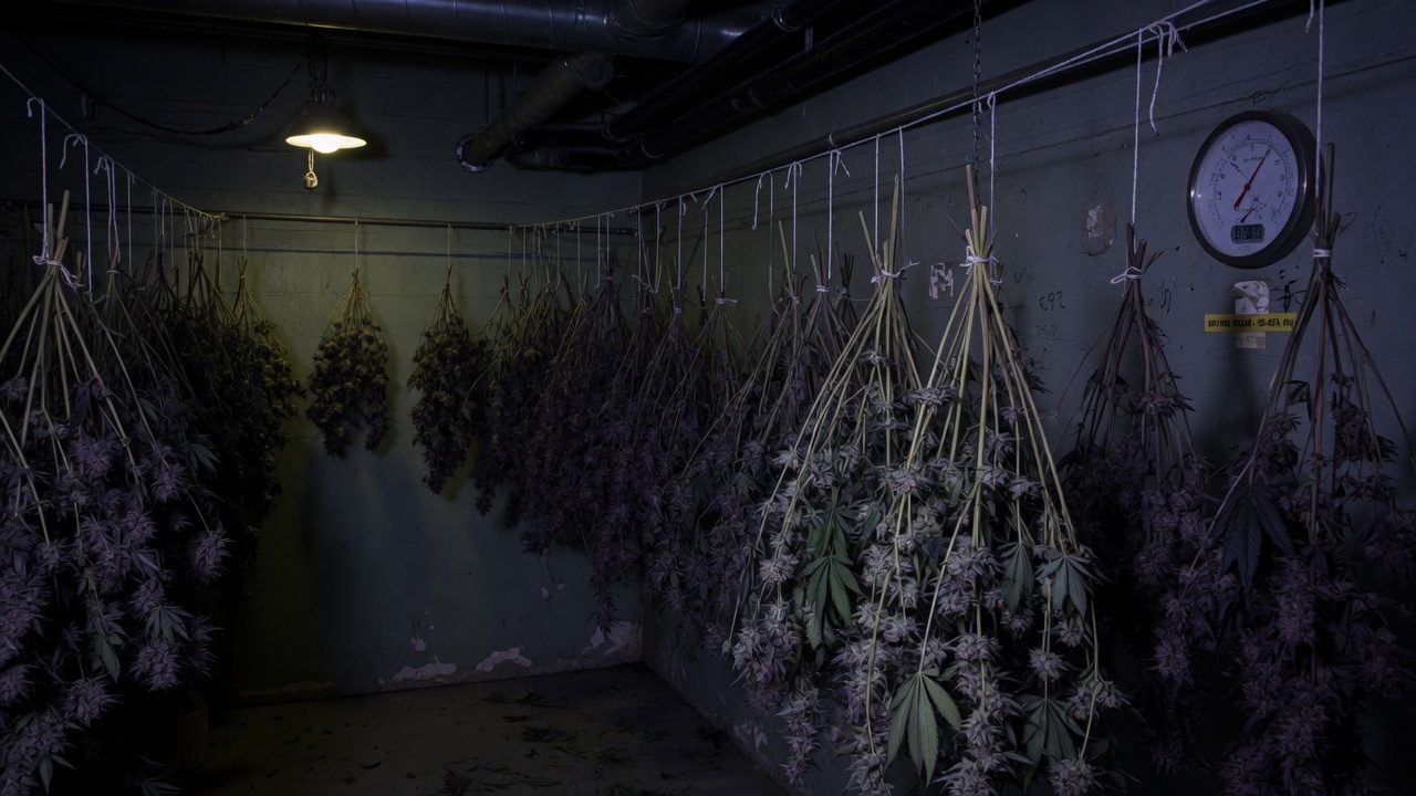 Dark cool drying room with cannabis plants hanging on lines