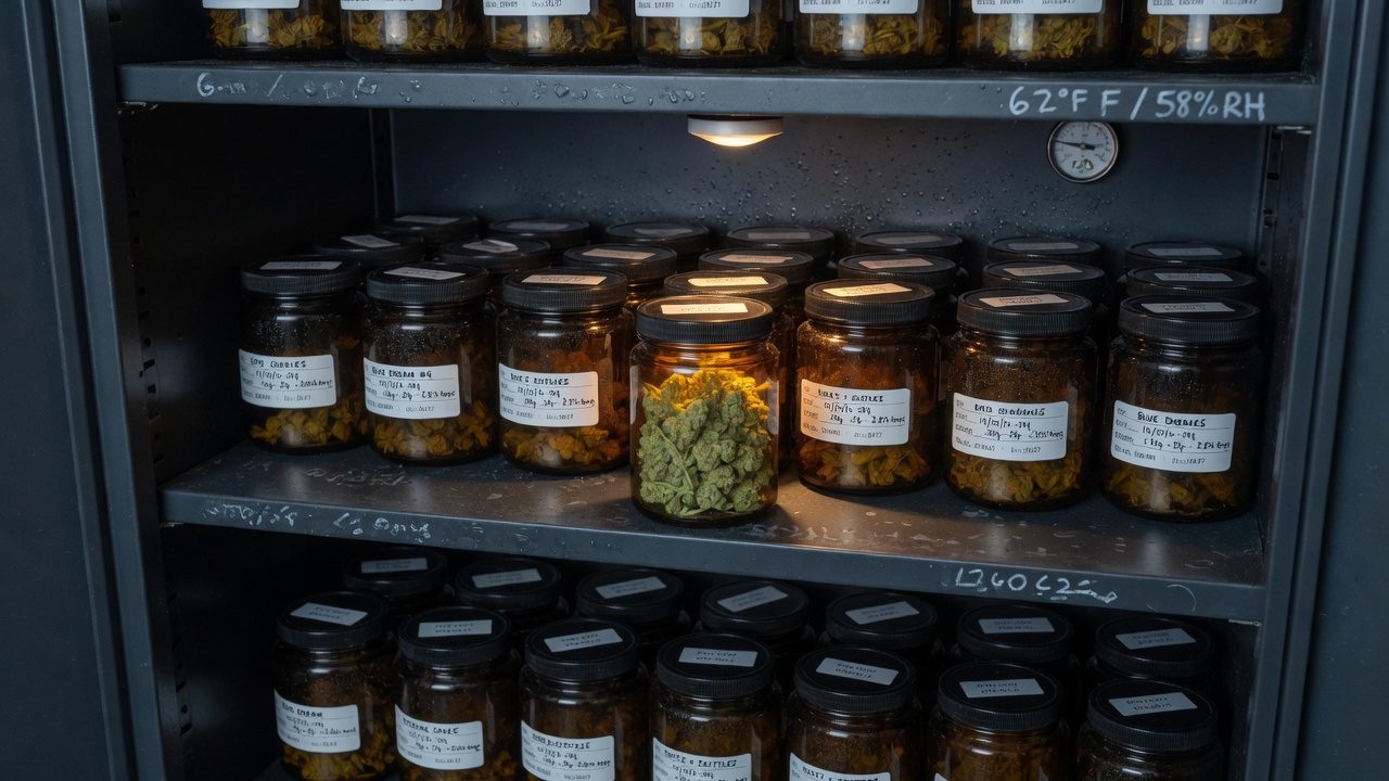 Amber jars of cannabis flower stored in a dark cabinet