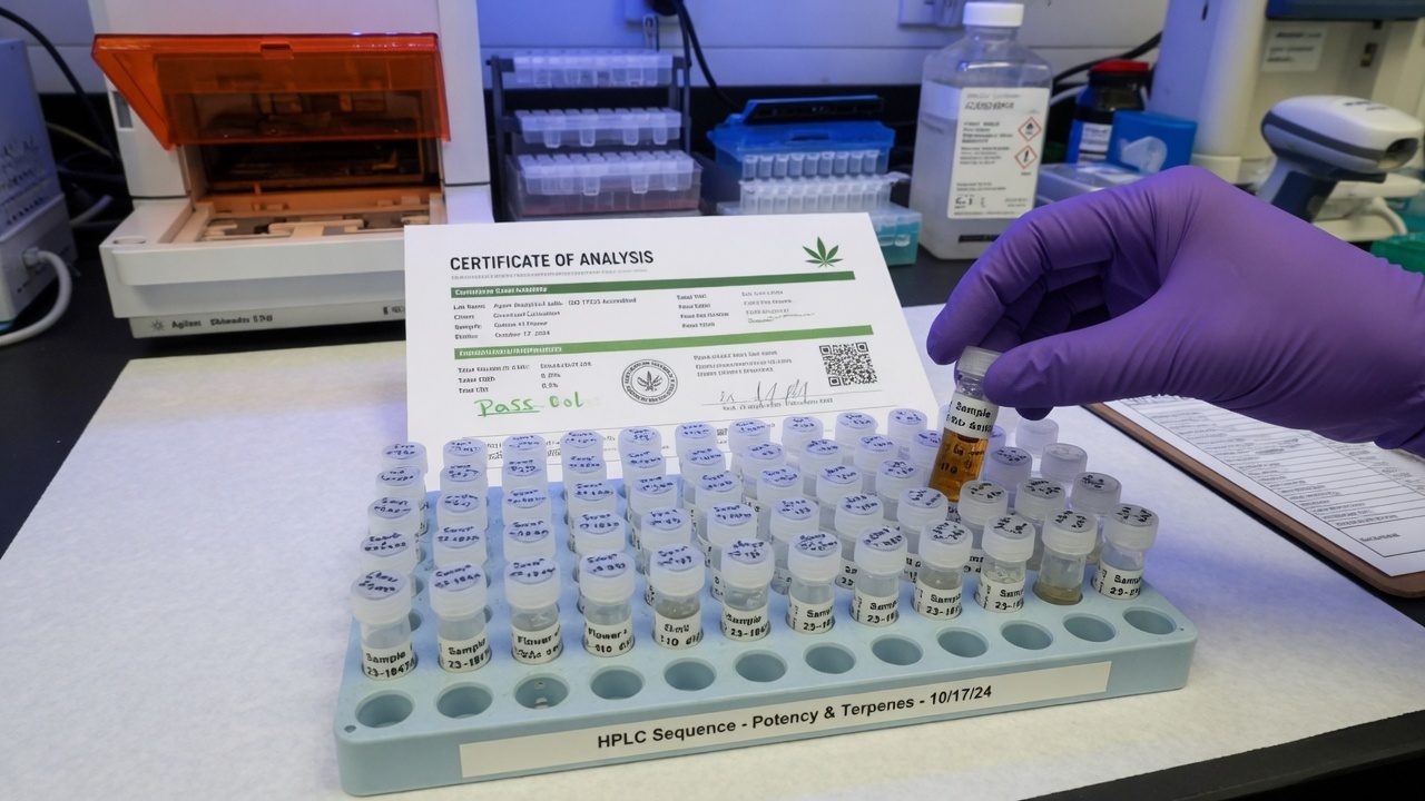 Lab bench with HPLC vials and a certificate of analysis