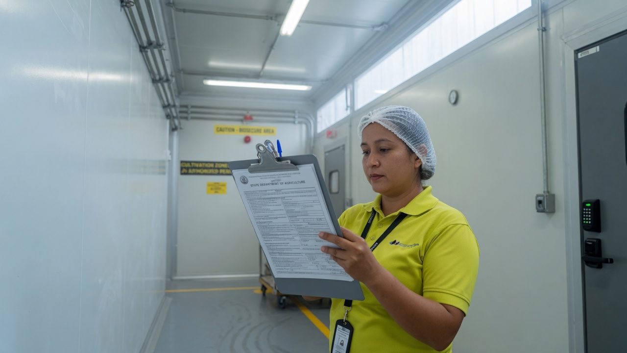 Grower reading a printed licence document on a clipboard in a facility corridor