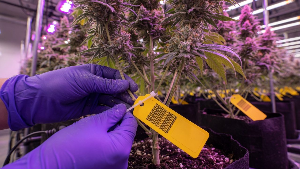 Gloved hands fixing a barcode plant tag to a cannabis plant stem