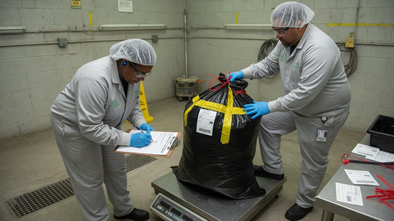 Two workers weighing a sealed waste bag on a floor scale while one signs a form