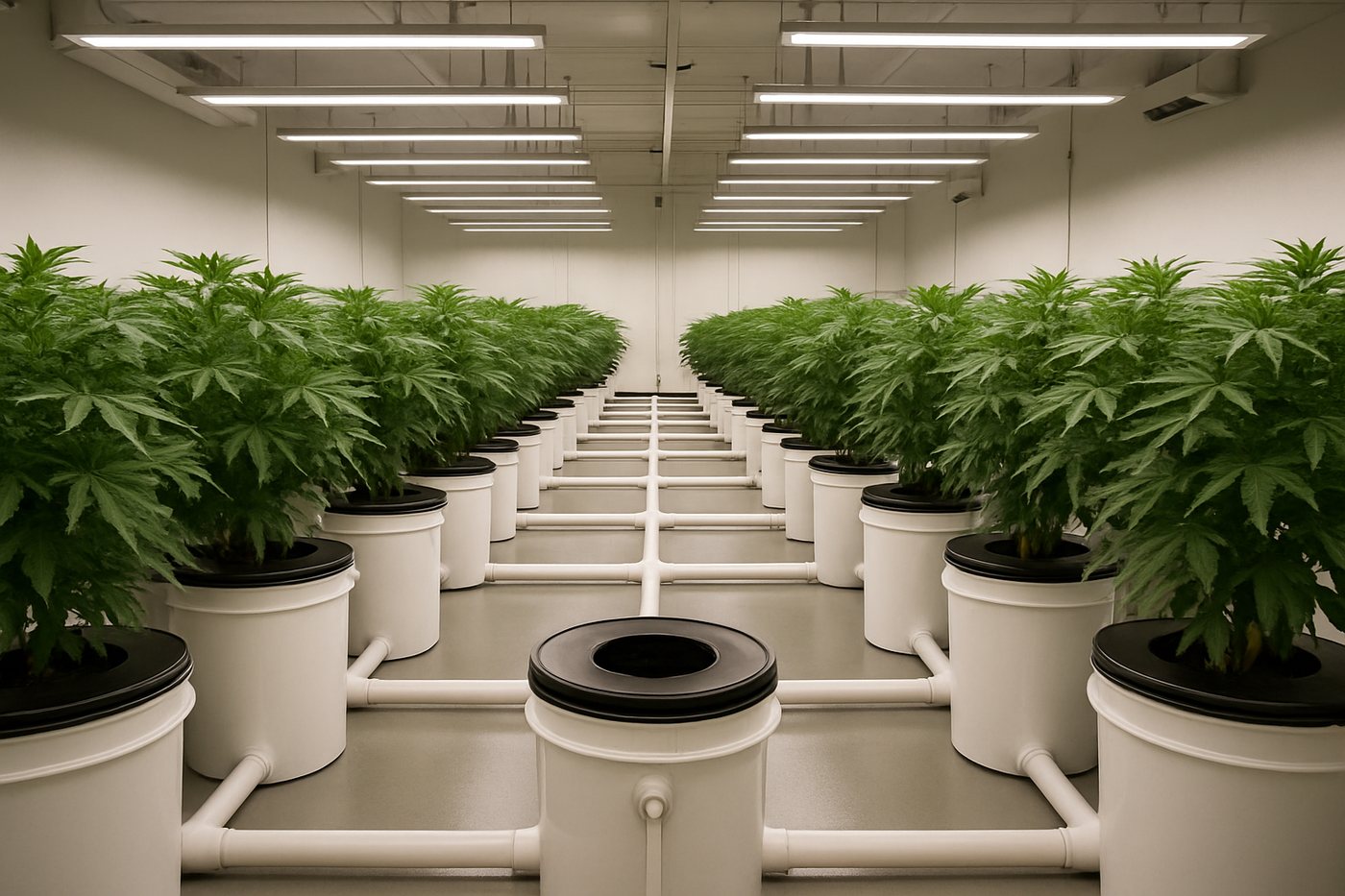 A commercial RDWC room. Every bucket is plumbed to the same loop, which means every bucket shares one EC, one pH, one temperature and one microbial population. That is the strength and the risk in a single image.