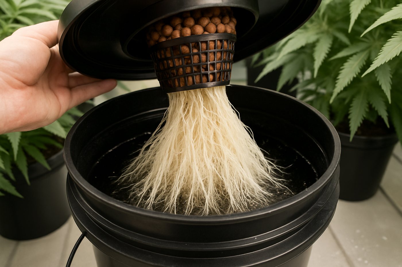 The same thing in the flesh: net pot seated in the lid, expanded clay holding the crown clear of the water, and the root curtain hanging free in solution. There is no substrate between the feed and the root.
