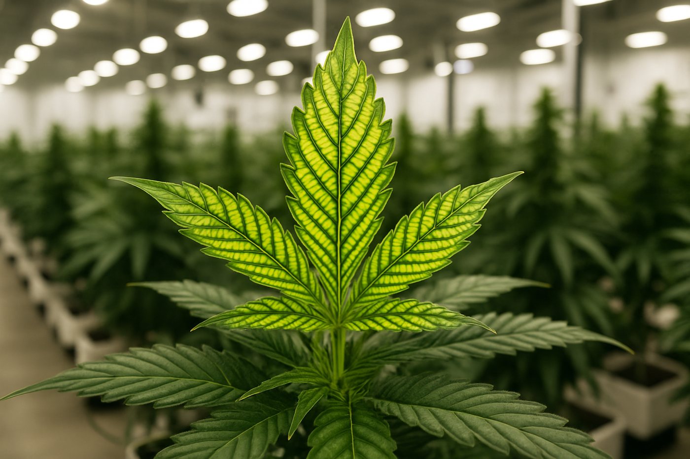 Interveinal chlorosis on new growth: pale blade, veins still dark green, older leaves below unaffected. The pattern tells you it is iron. It does not tell you whether the cause is pH or aeration, and those call for opposite corrections.