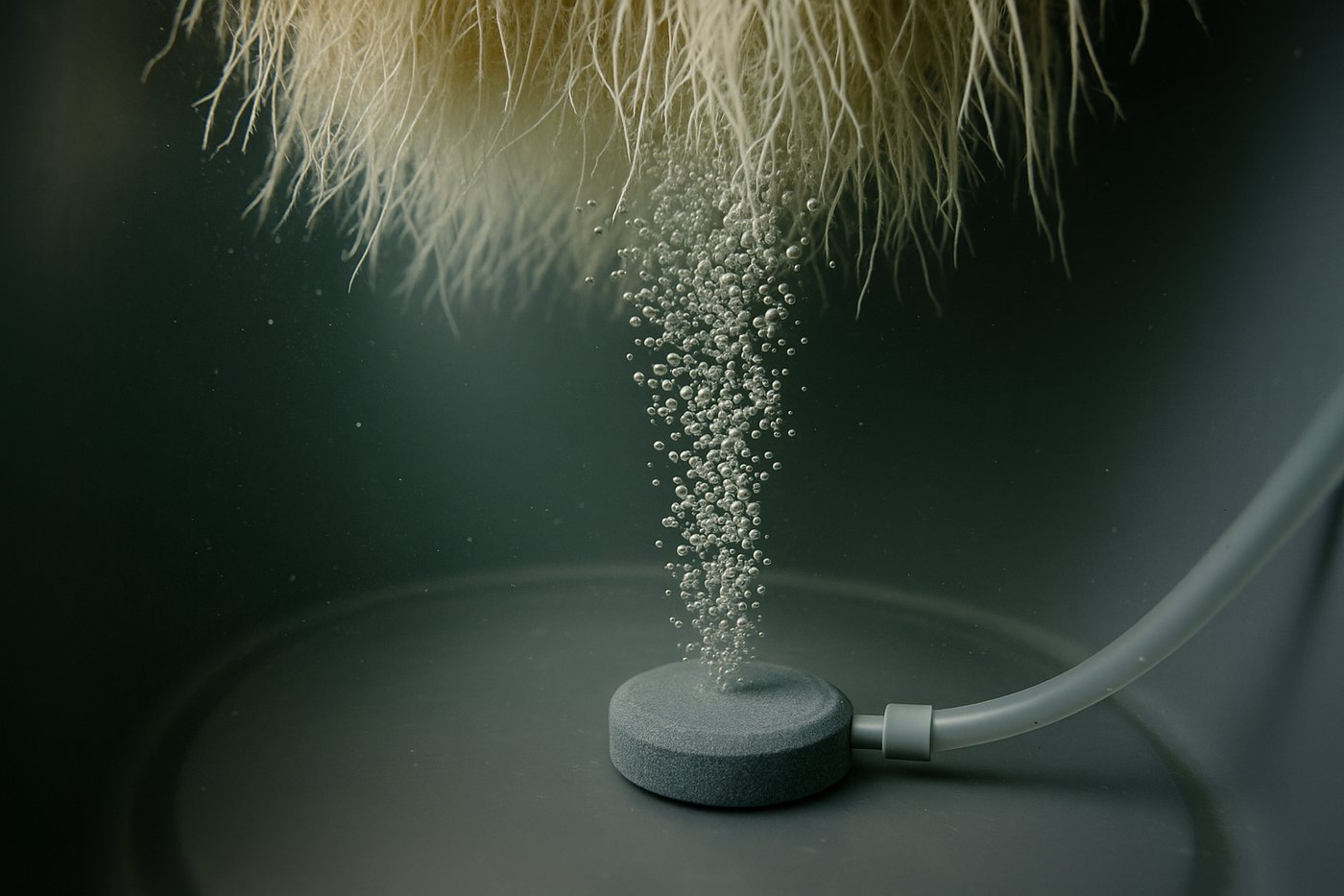 What you are aiming for underwater: a fine, even column rising near the wall and past the roots, not a rolling boil through the middle of them.