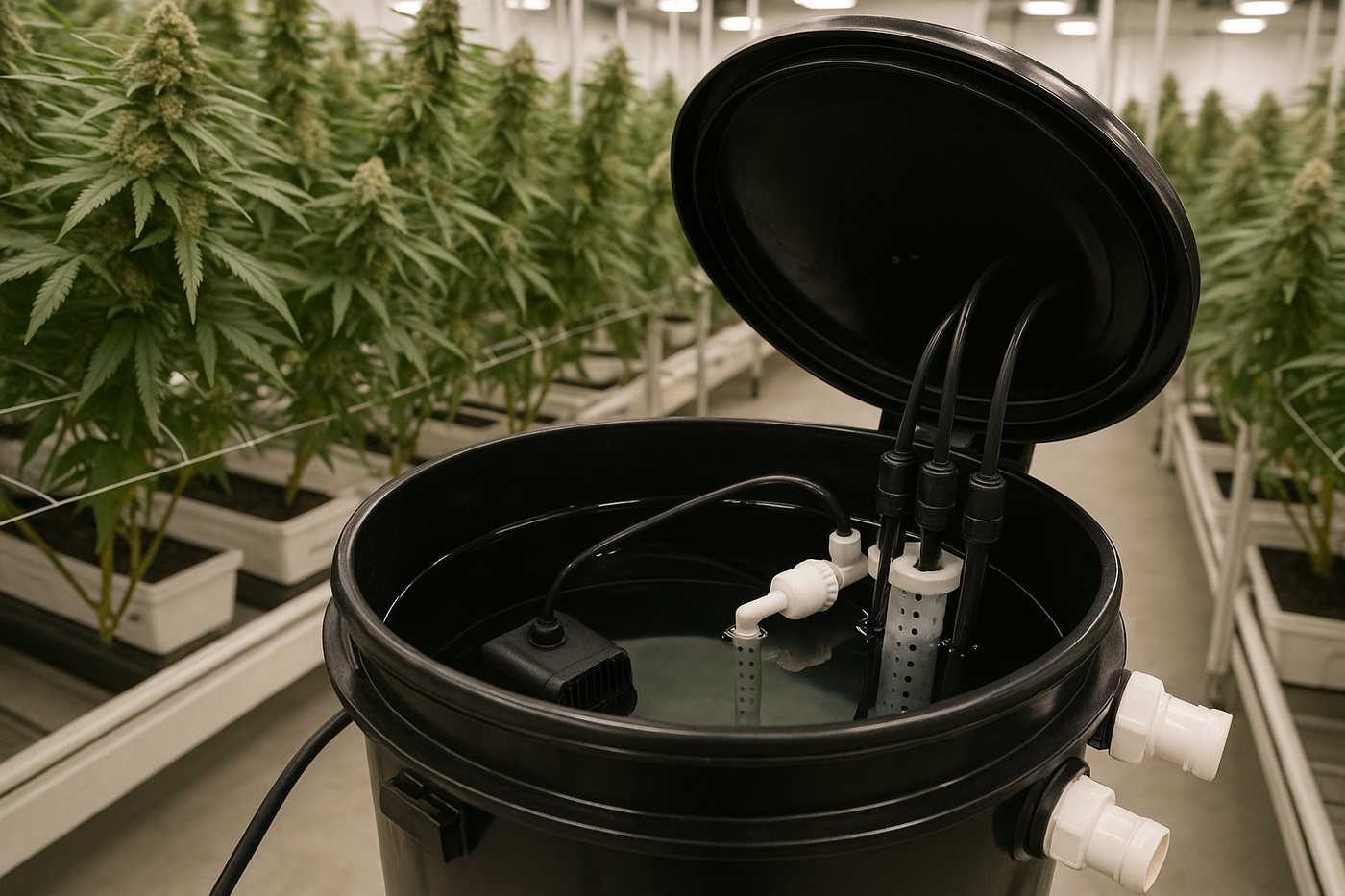 A control bucket in practice: pump, float valve on the RO line, and probes clipped into a perforated stilling tube that shields them from the bubble plume.