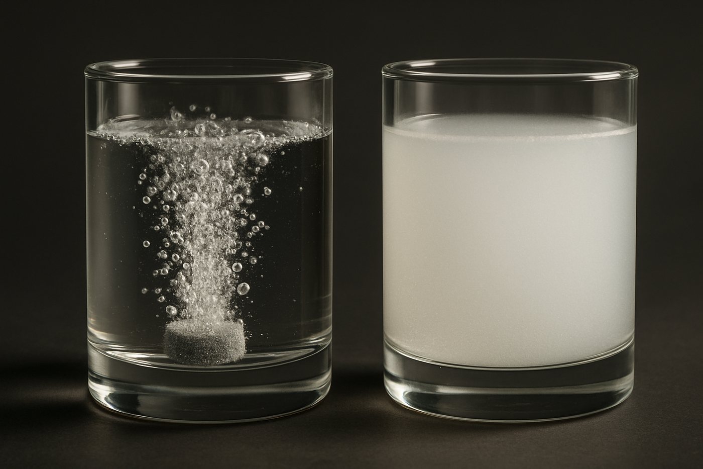 Left: a coarse air stone, large bubbles, visible turbulent plume. Right: nanobubble water, an even opalescent haze with no rising column. Same gas, entirely different mechanical consequence for the root zone.