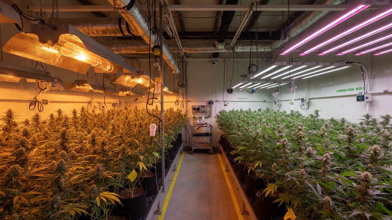 Cannabis flower room with HPS fixtures on one side and LED bars on the other during a lighting retrofit