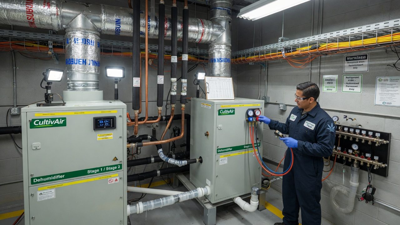 Plant room with two staged HVAC dehumidification units and condensate drain lines