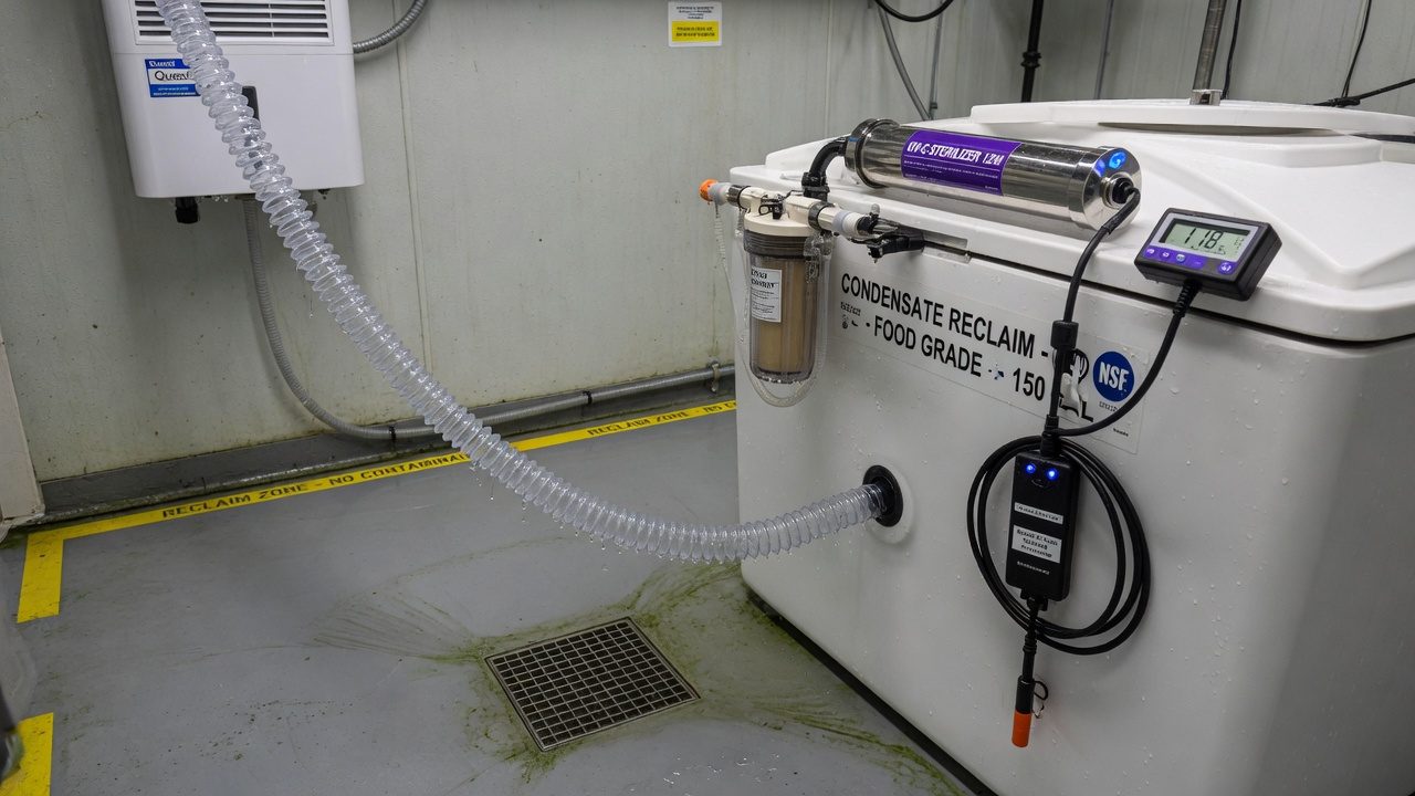 Dehumidifier condensate line feeding a collection tank through a filter and UV steriliser