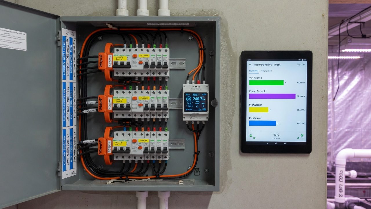 Open electrical panel with CT clamps and an energy submeter beside a dashboard tablet