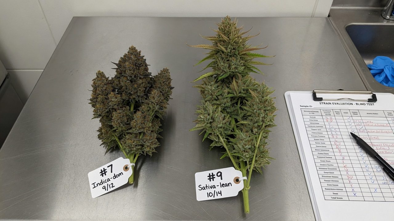 Two labelled cannabis colas compared side by side next to a scoring sheet