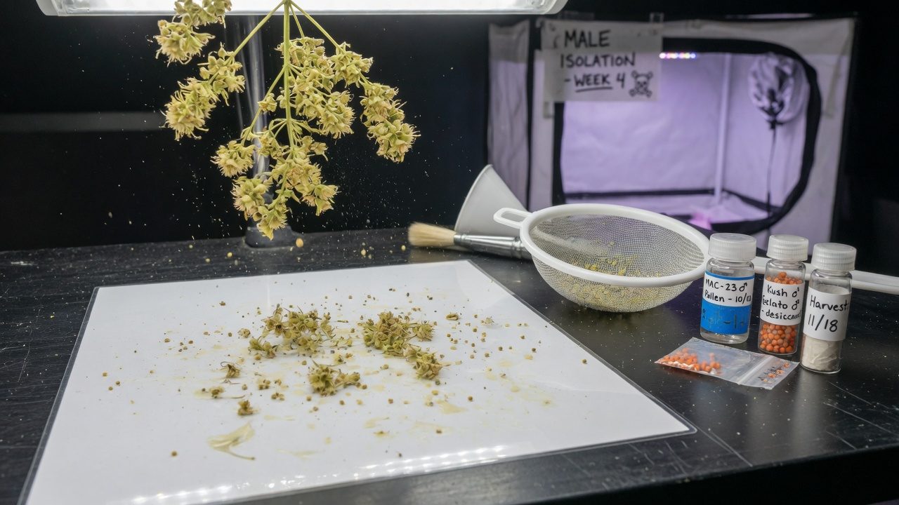 Cannabis pollen being collected on paper next to a sieve and labelled vials