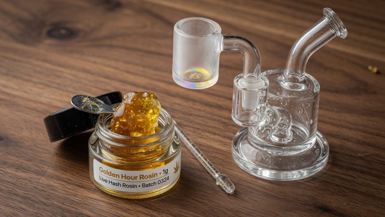 Jar of rosin next to a dab rig