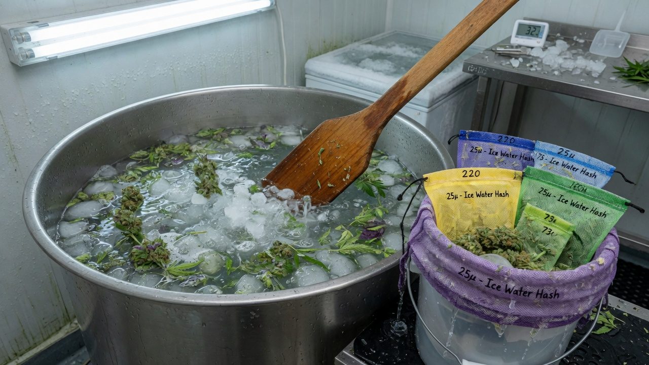 Ice-water hash washing vessel with paddle and bags