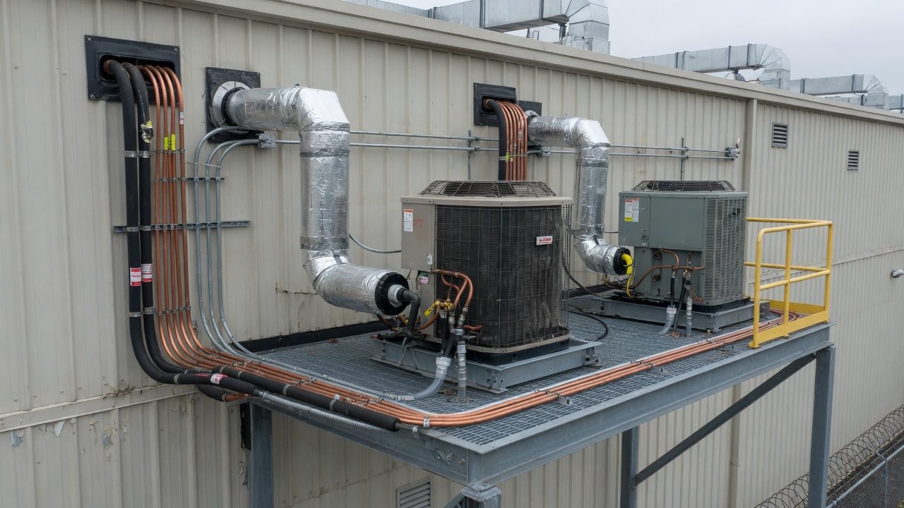 Rooftop packaged HVAC units and insulated ducting serving an indoor cultivation building