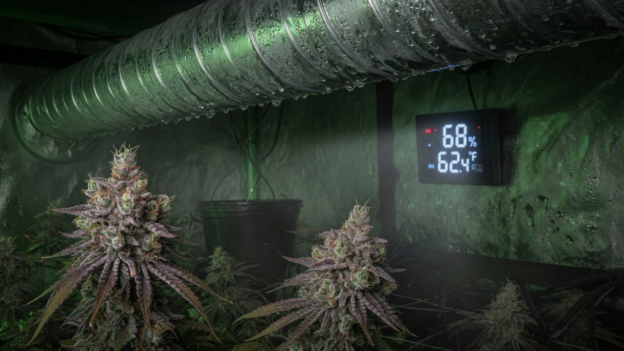 Dark grow room at lights-off with condensation forming on a cold duct above dense flowers