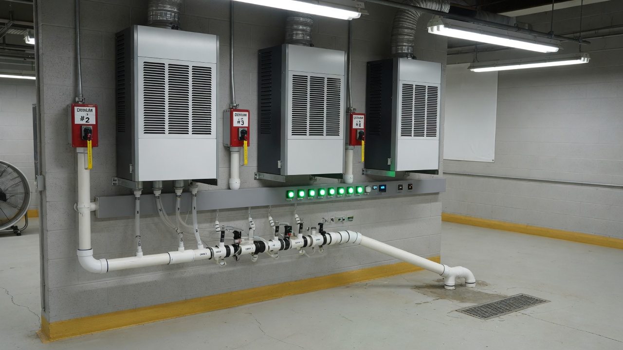 Three identical dehumidifier units installed in parallel with shared drain manifold
