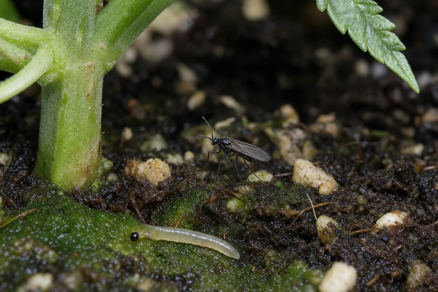 AI-generated educational reconstruction of fungus gnat adult and larva at cannabis media