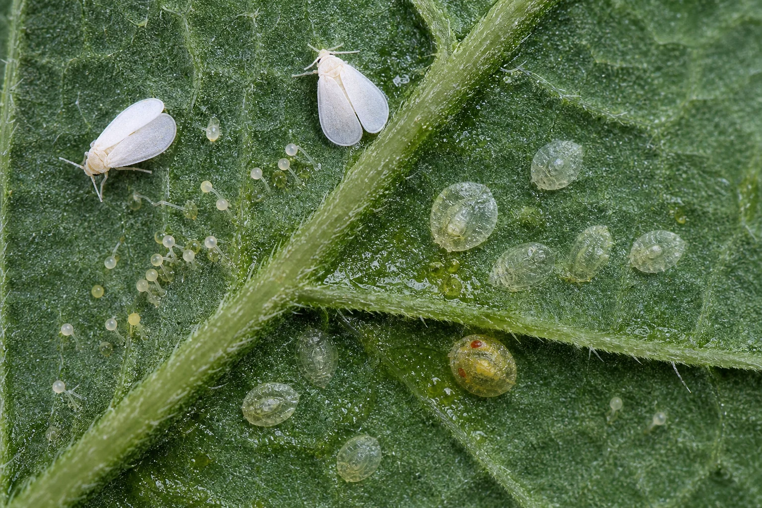 AI-generated educational reconstruction of whitefly adults and nymphs on cannabis leaf underside