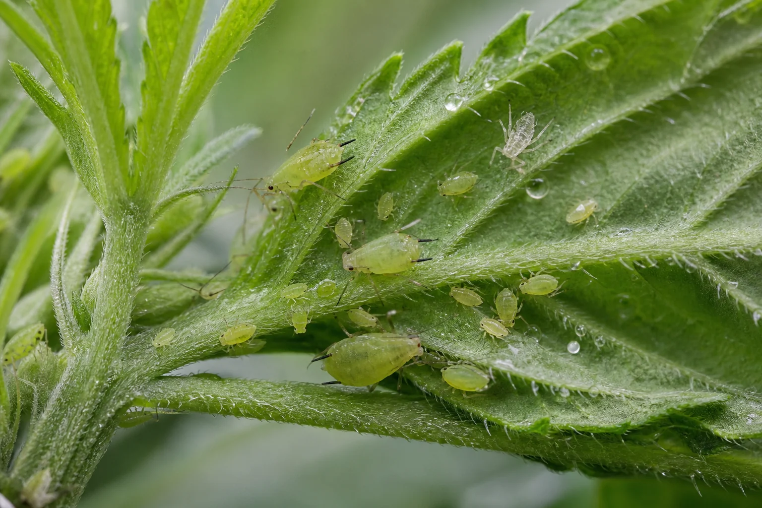 AI-generated educational reconstruction of cannabis aphids on a cannabis shoot