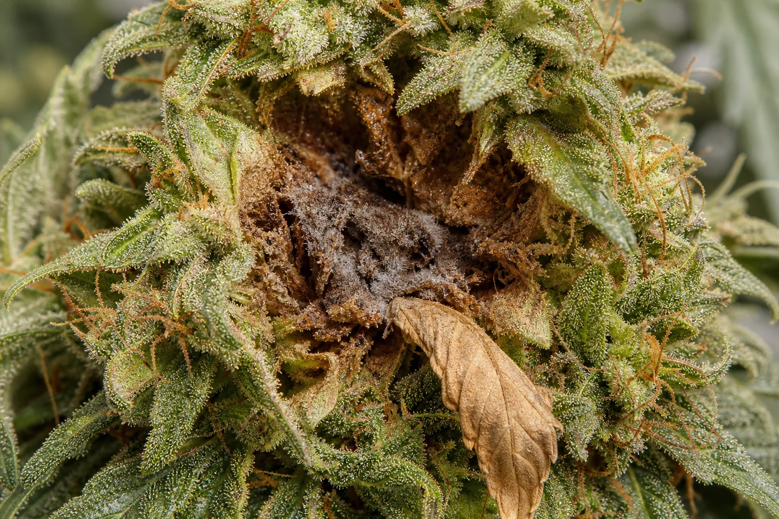 AI-generated educational reconstruction of internal Botrytis bud rot in a cannabis cola