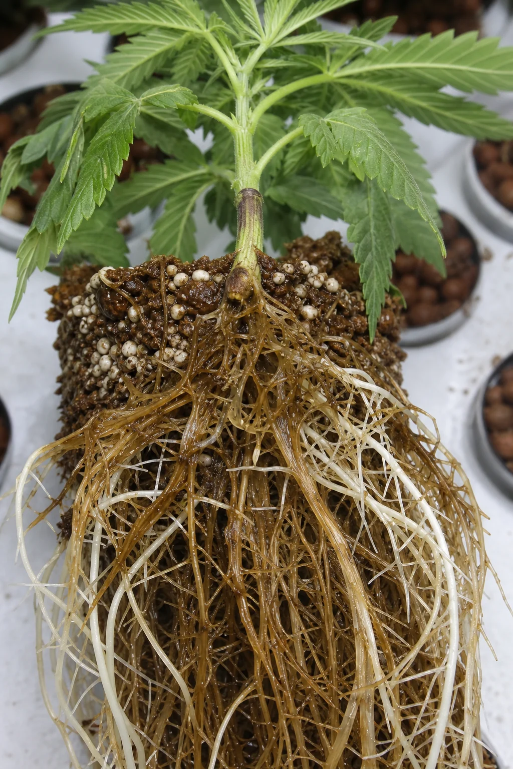 AI-generated educational reconstruction of Pythium-like root rot in cannabis roots