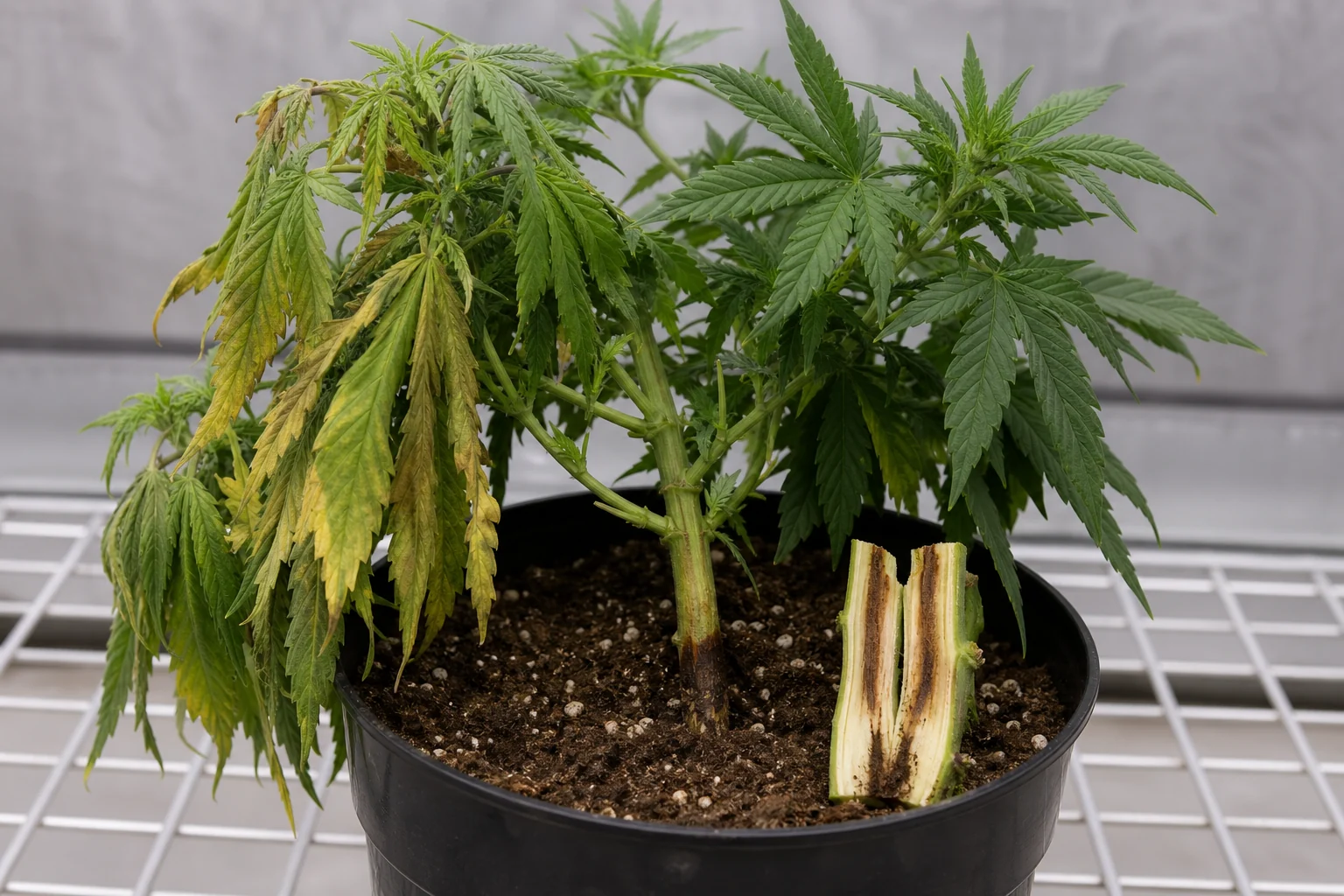 AI-generated educational reconstruction of Fusarium-like wilt and vascular browning in cannabis