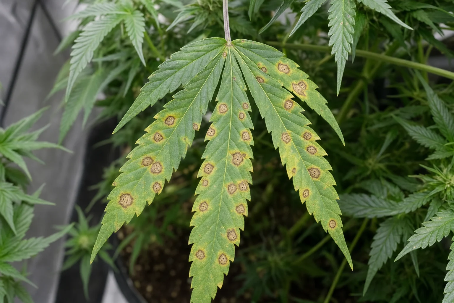 AI-generated educational reconstruction of Septoria-like leaf spot on a lower cannabis leaf