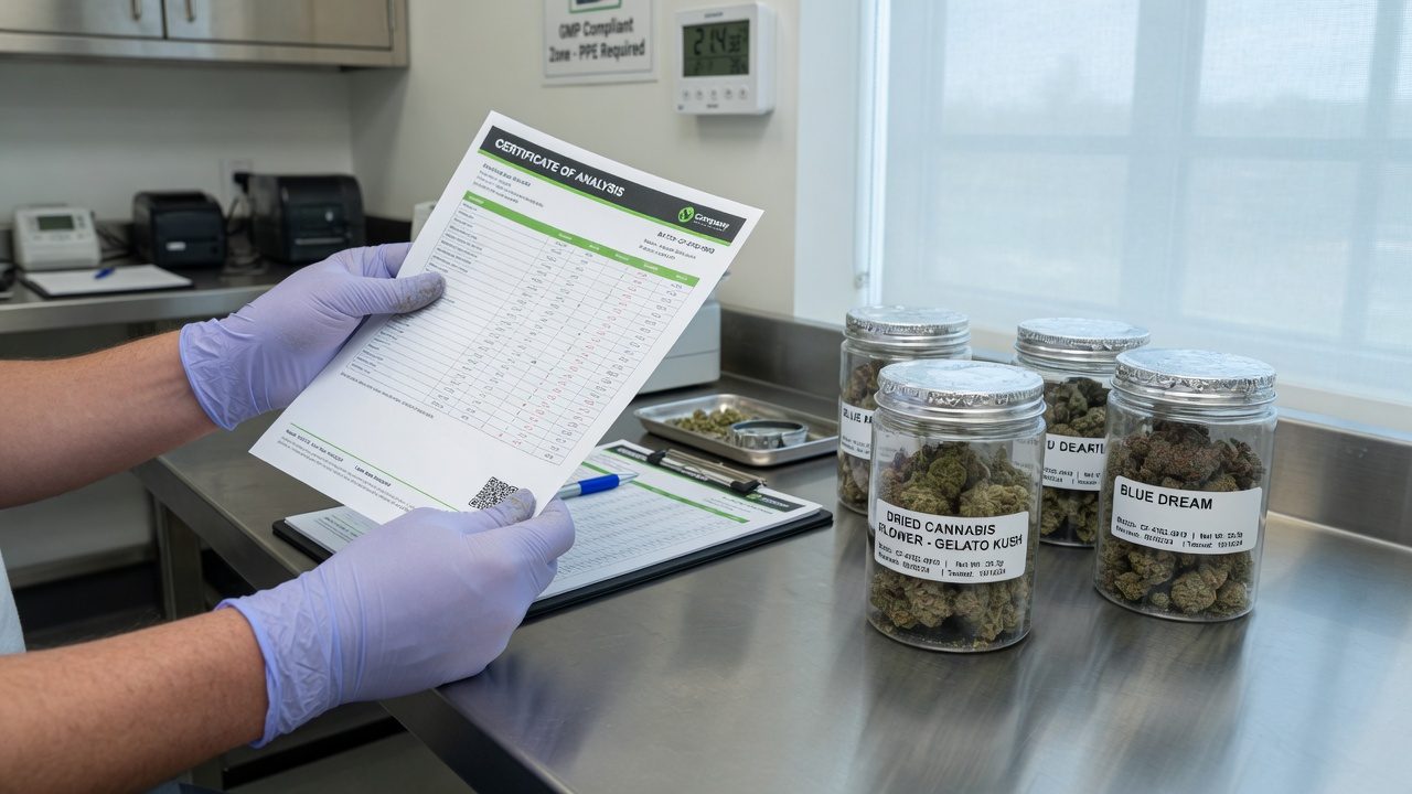 Gloved hands holding a printed lab certificate next to labelled jars of dried cannabis flower