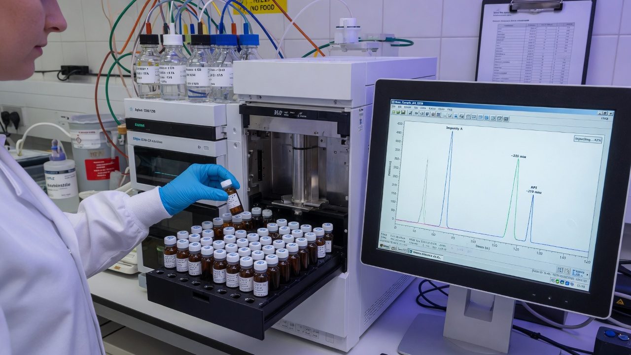 Lab technician loading amber vials into an HPLC autosampler with a chromatogram on screen