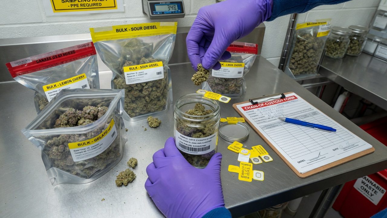 Gloved hands combining flower increments from multiple bags into one labelled sample jar