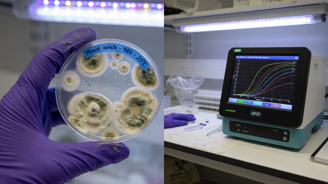 Petri dish with mould colonies in front of a qPCR instrument showing amplification curves