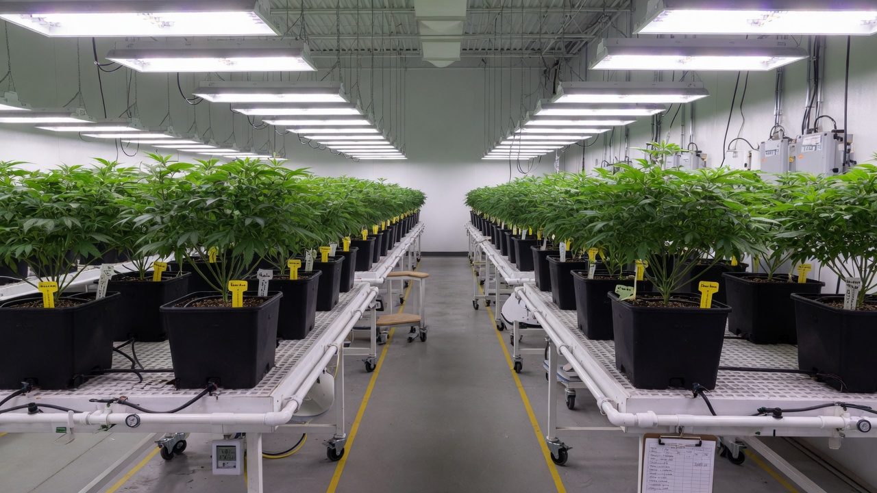 Indoor cannabis mother room with rows of flat-topped stock plants on rolling benches