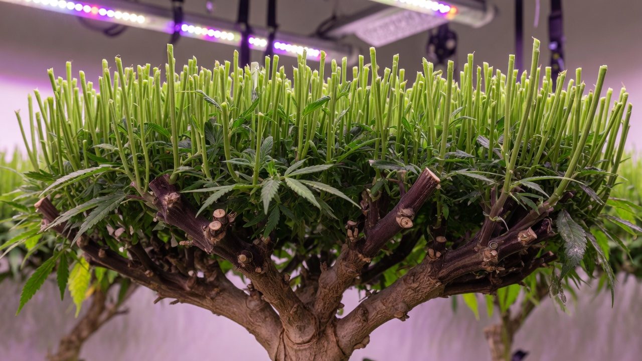 Pruned cannabis mother plant with woody scaffold frame and flat top of upright shoots