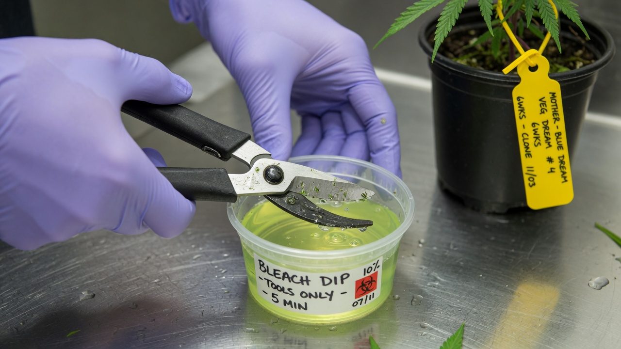 Gloved hands sanitising pruning snips in bleach solution next to a cannabis mother plant