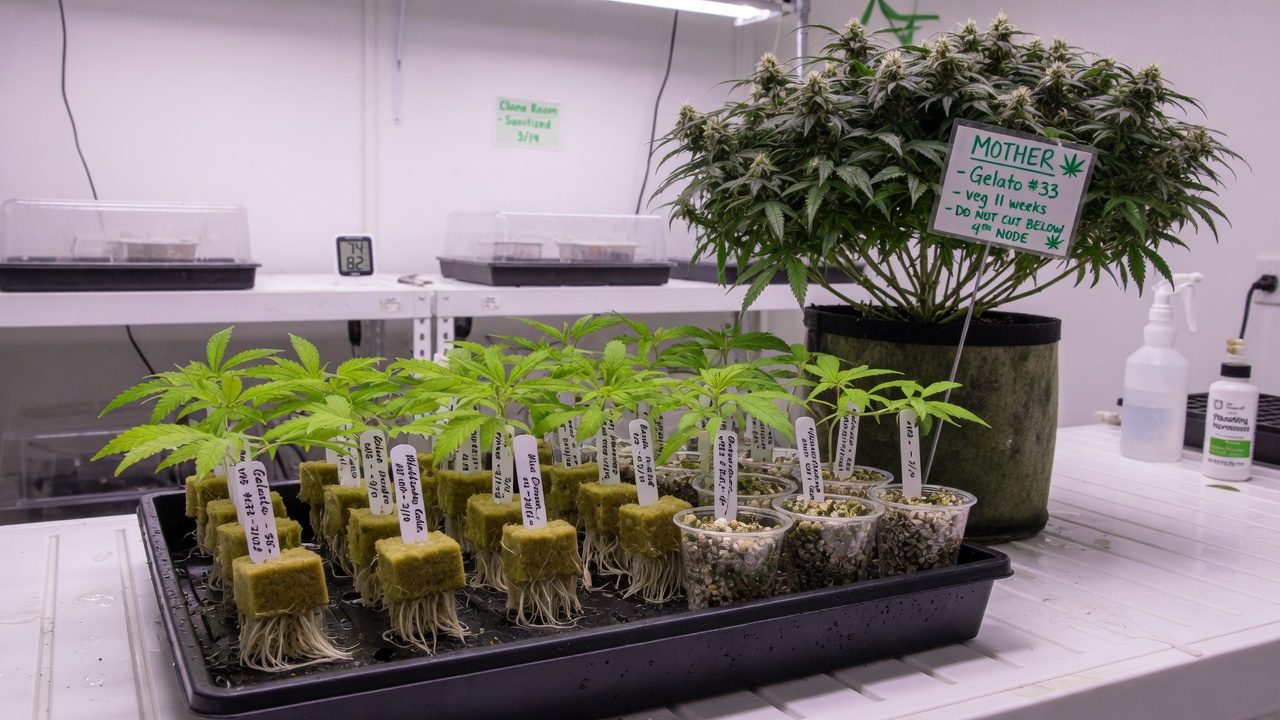 Tray of rooted cannabis clones beside a large mother plant during succession