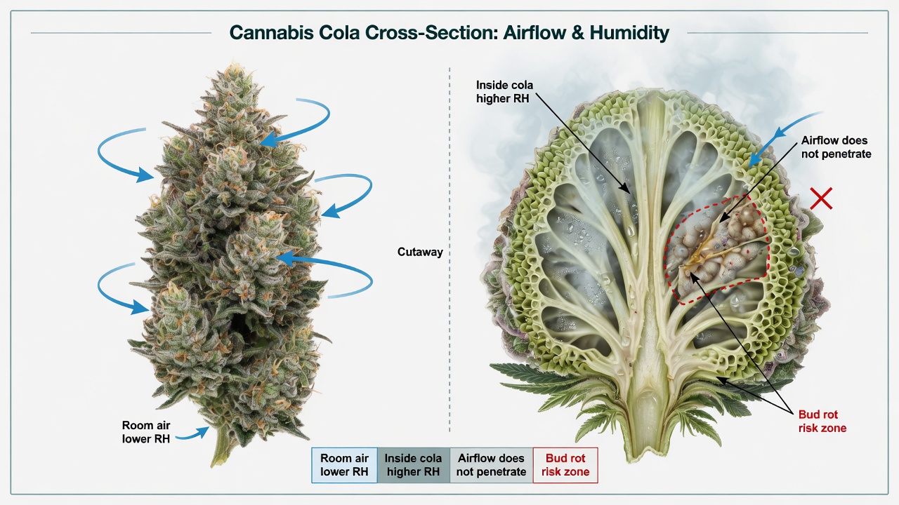 Cannabis cola exterior vs humid interior cutaway