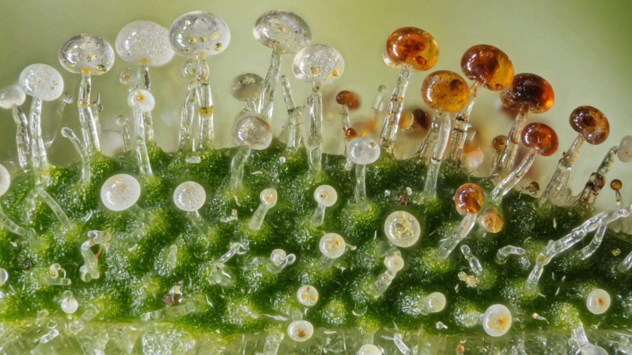 Microscope view of stalked cannabis trichomes