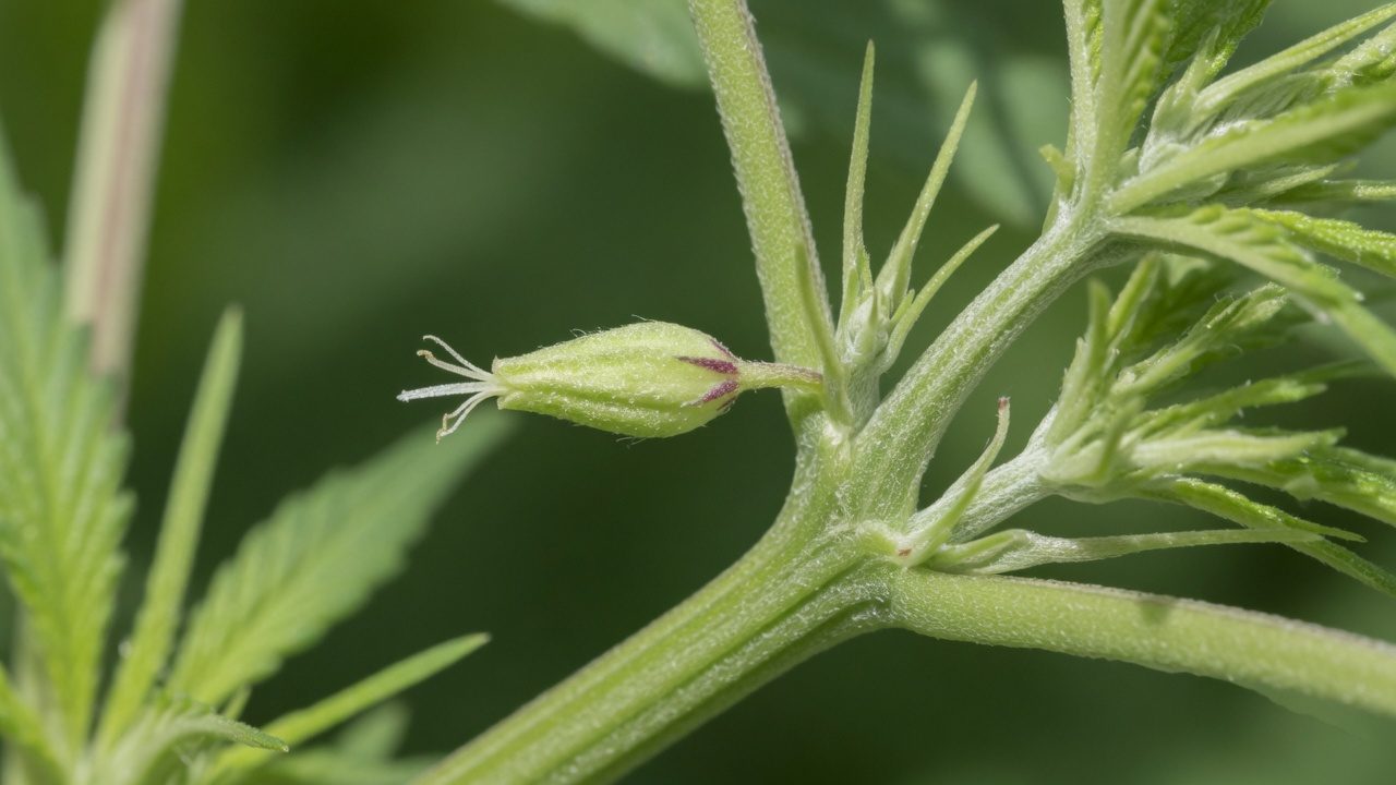 Female cannabis pre-flower with white stigmas at a stem node