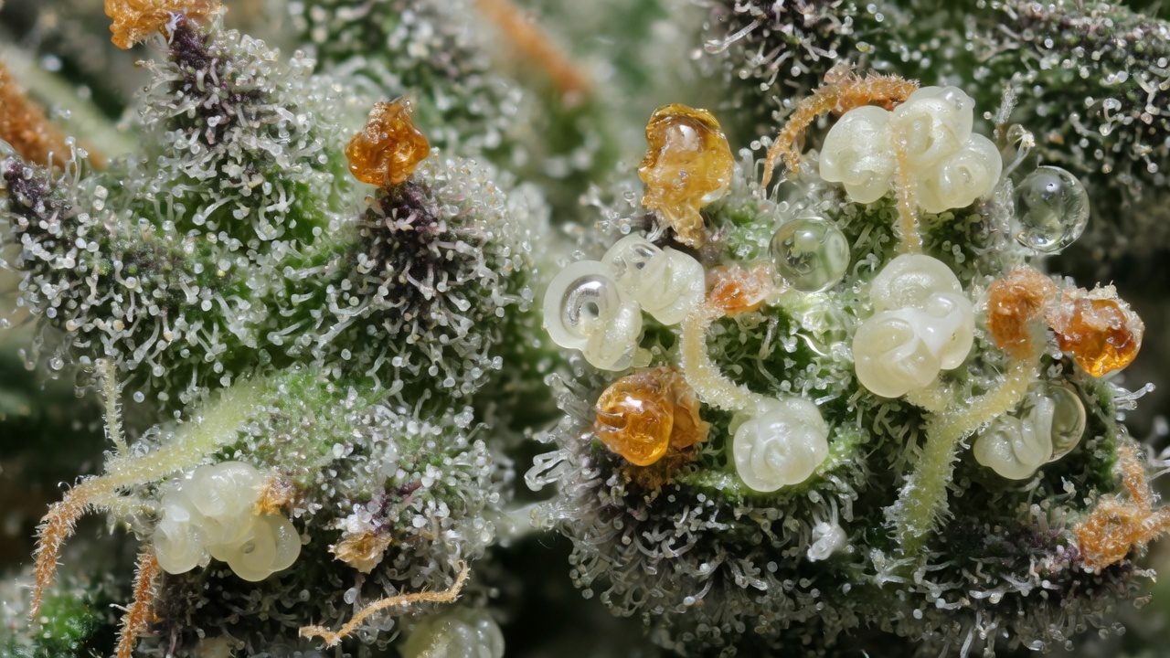 Macro photo of cannabis trichomes showing clear, cloudy and amber resin heads together