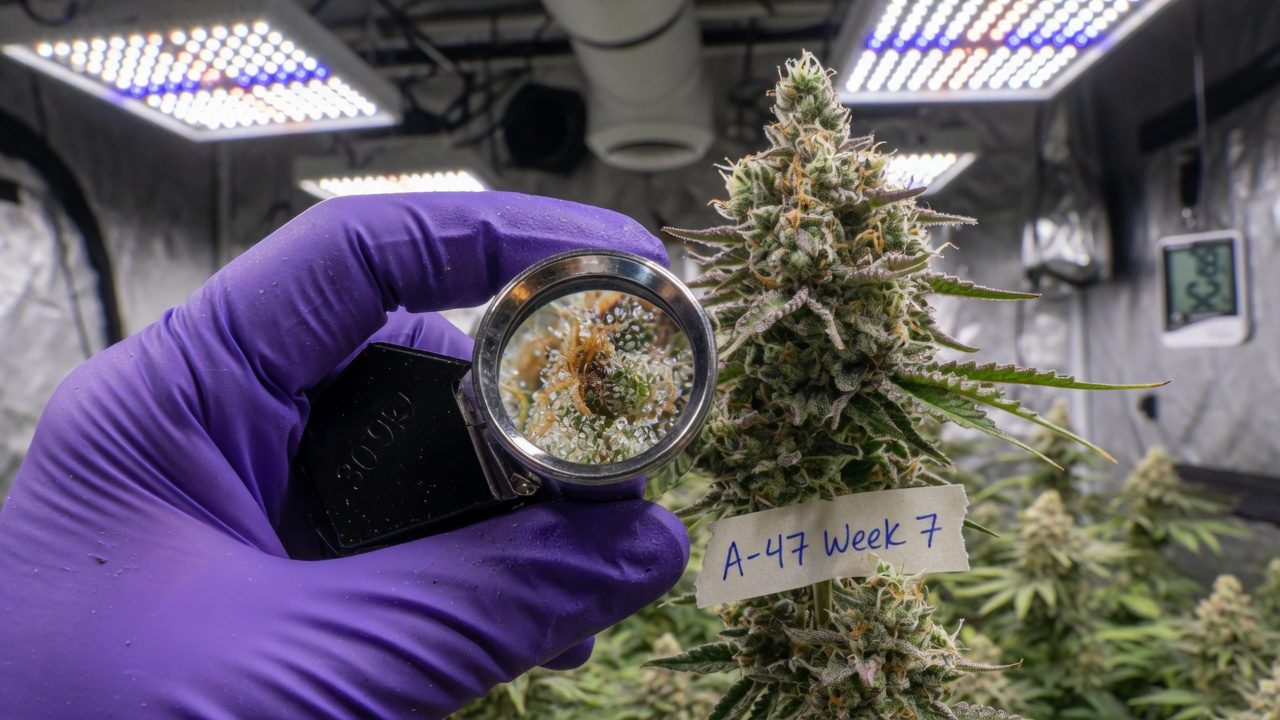 Grower inspecting a cannabis bud with a jeweller's loupe at a marked scoping spot