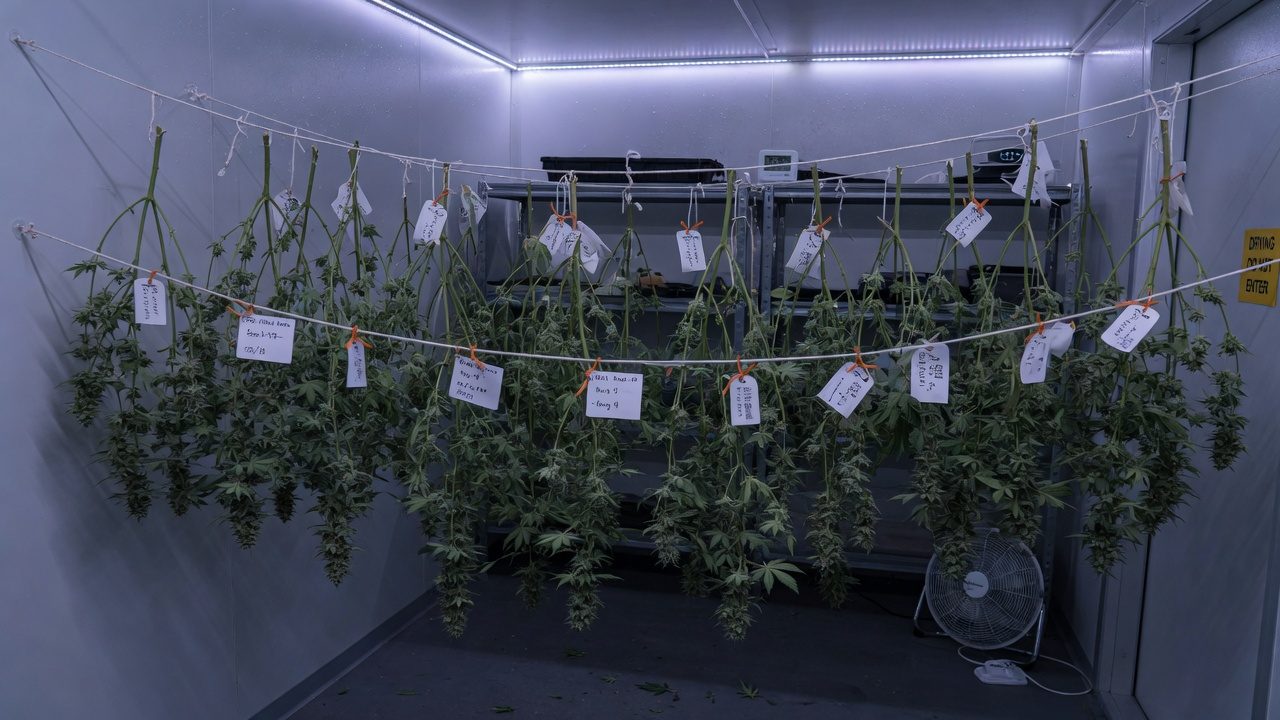 Whole cannabis plants hung with spacing in a dark drying room