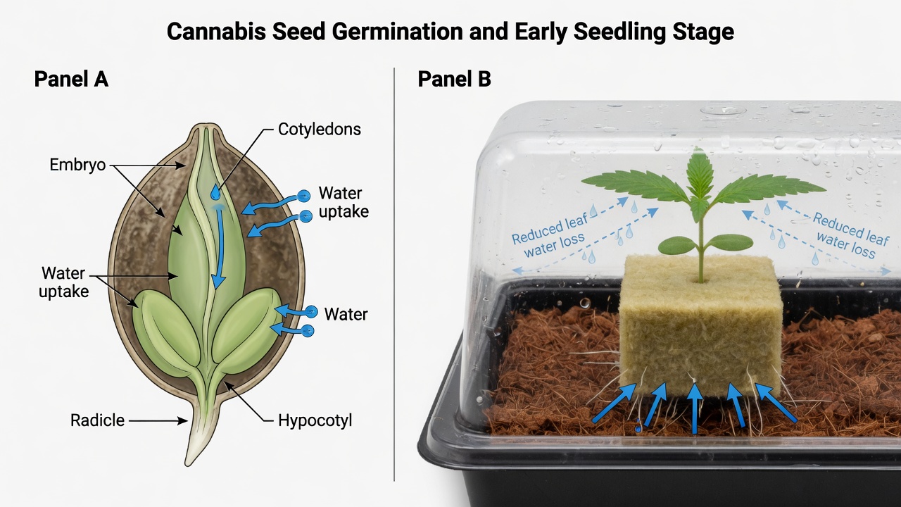 Seedling in rockwool and coco under humidity dome