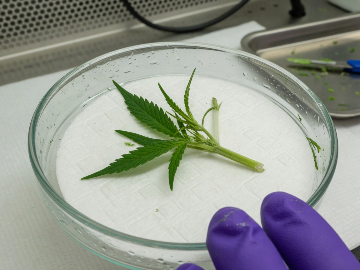 Cannabis stem piece with one bud on sterile paper