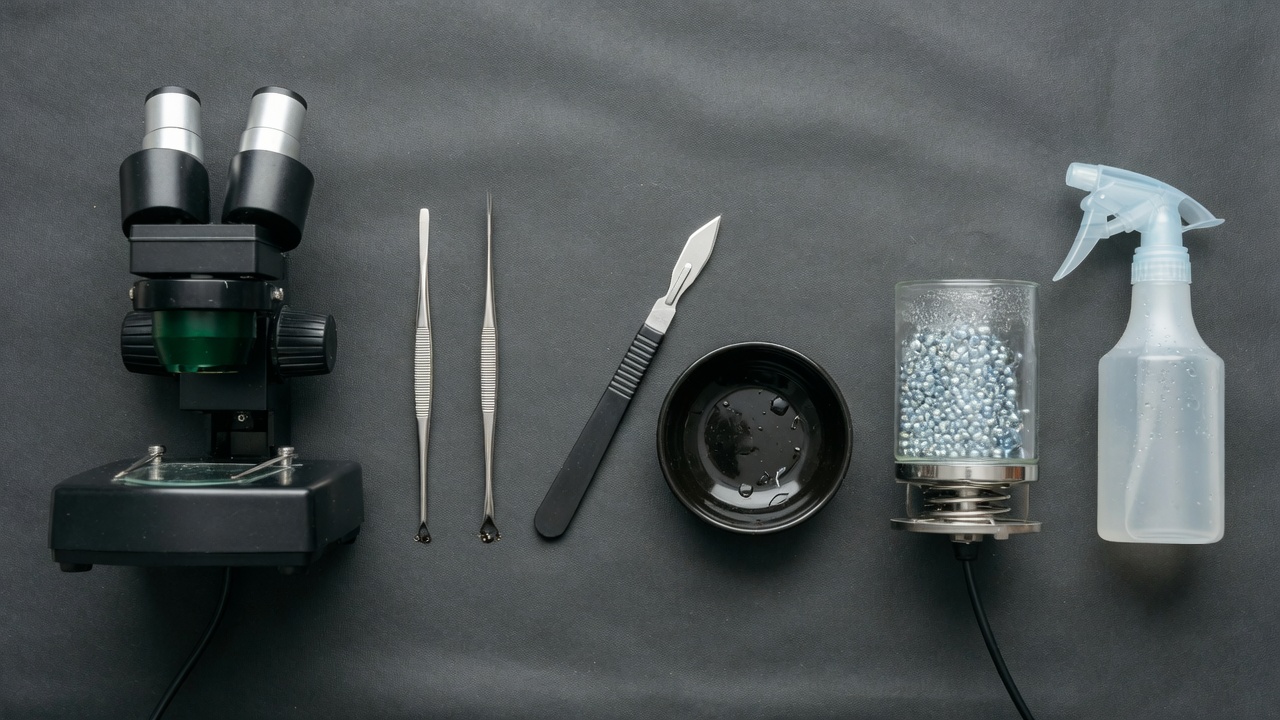 Meristem tools laid out on a dark mat