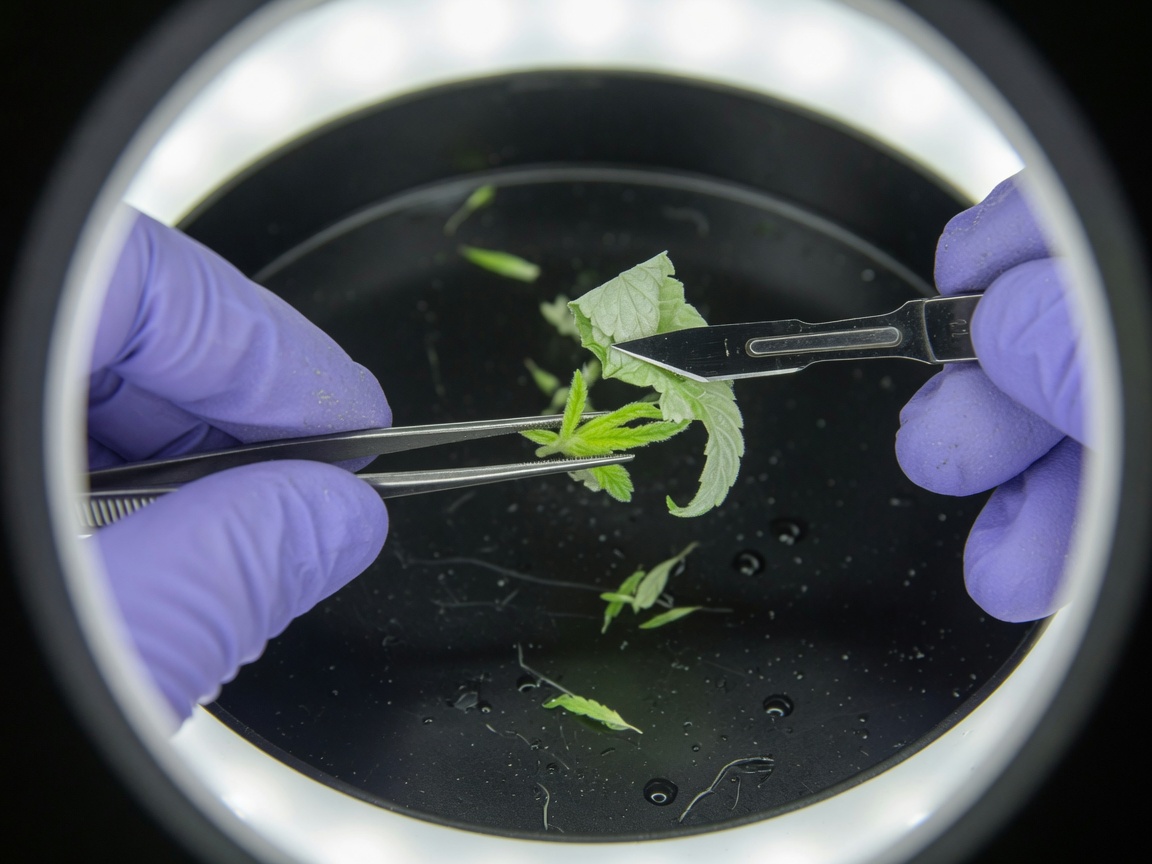 Forceps and scalpel peeling a cannabis shoot tip under a microscope