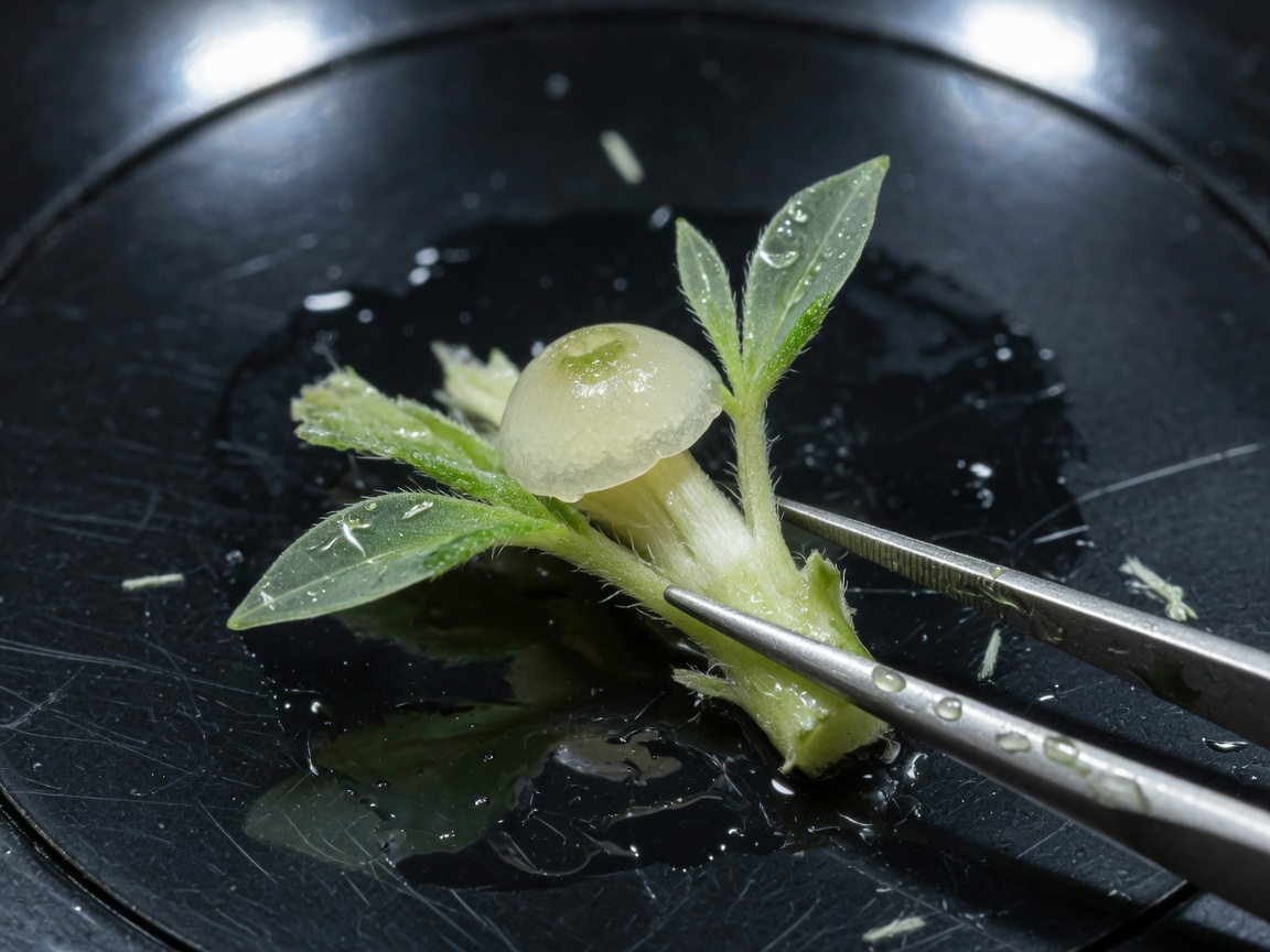 Peeled cannabis meristem dome with two leaf primordia