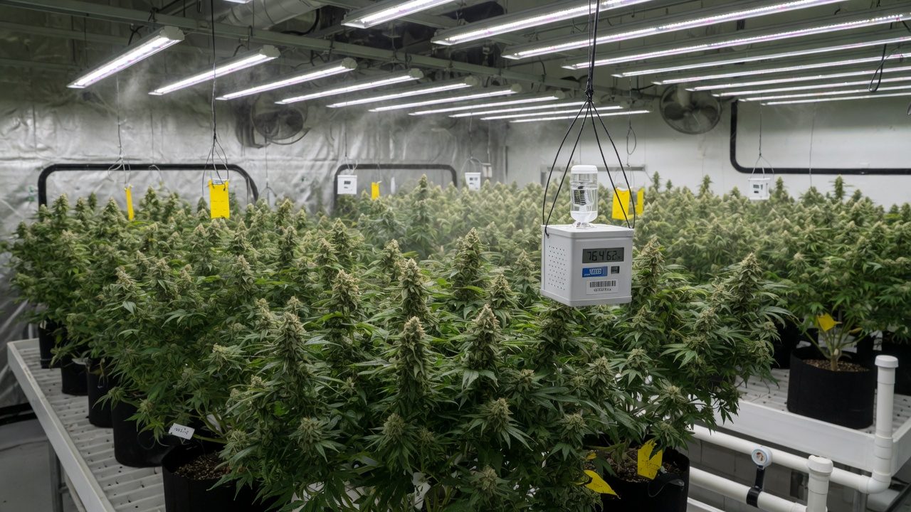 Indoor cannabis canopy under LED light with a climate sensor hanging at canopy height